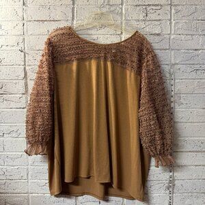 Cato Plus Size 22/24W Sheer Dot Sleeve Blouse – Brown Ruffle Mesh Detail